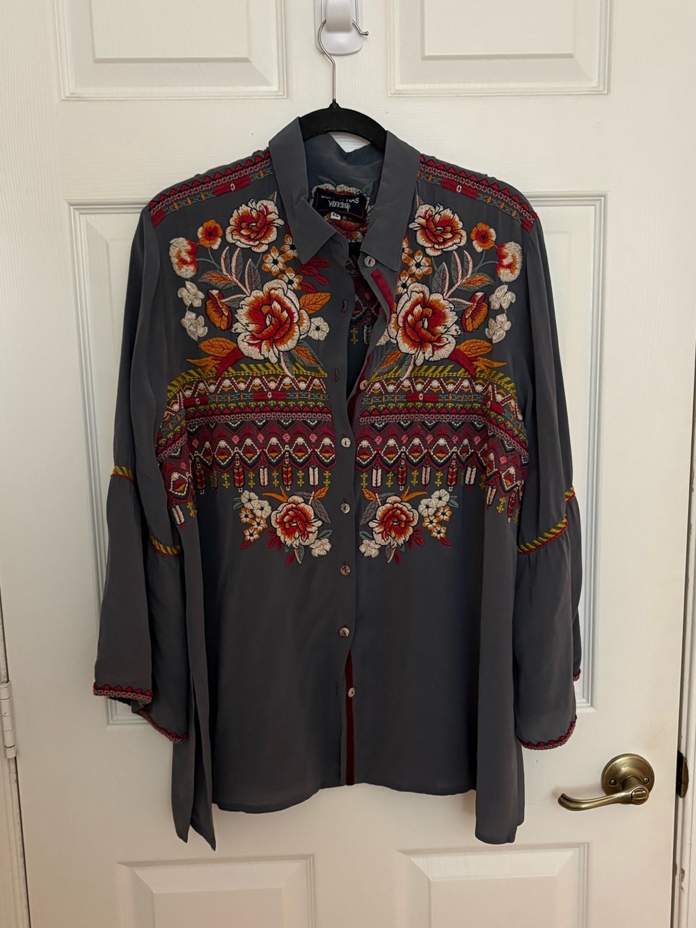 Johnny Was Gray Button-Down Shirt with Red and Cream Floral Embroidery